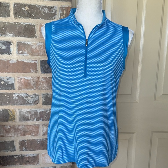 Lopez Delux Dri Blue Dots Sleeveless Golf Polo Top Rhinestone Zipper Pull Sz M - Picture 14 of 15
